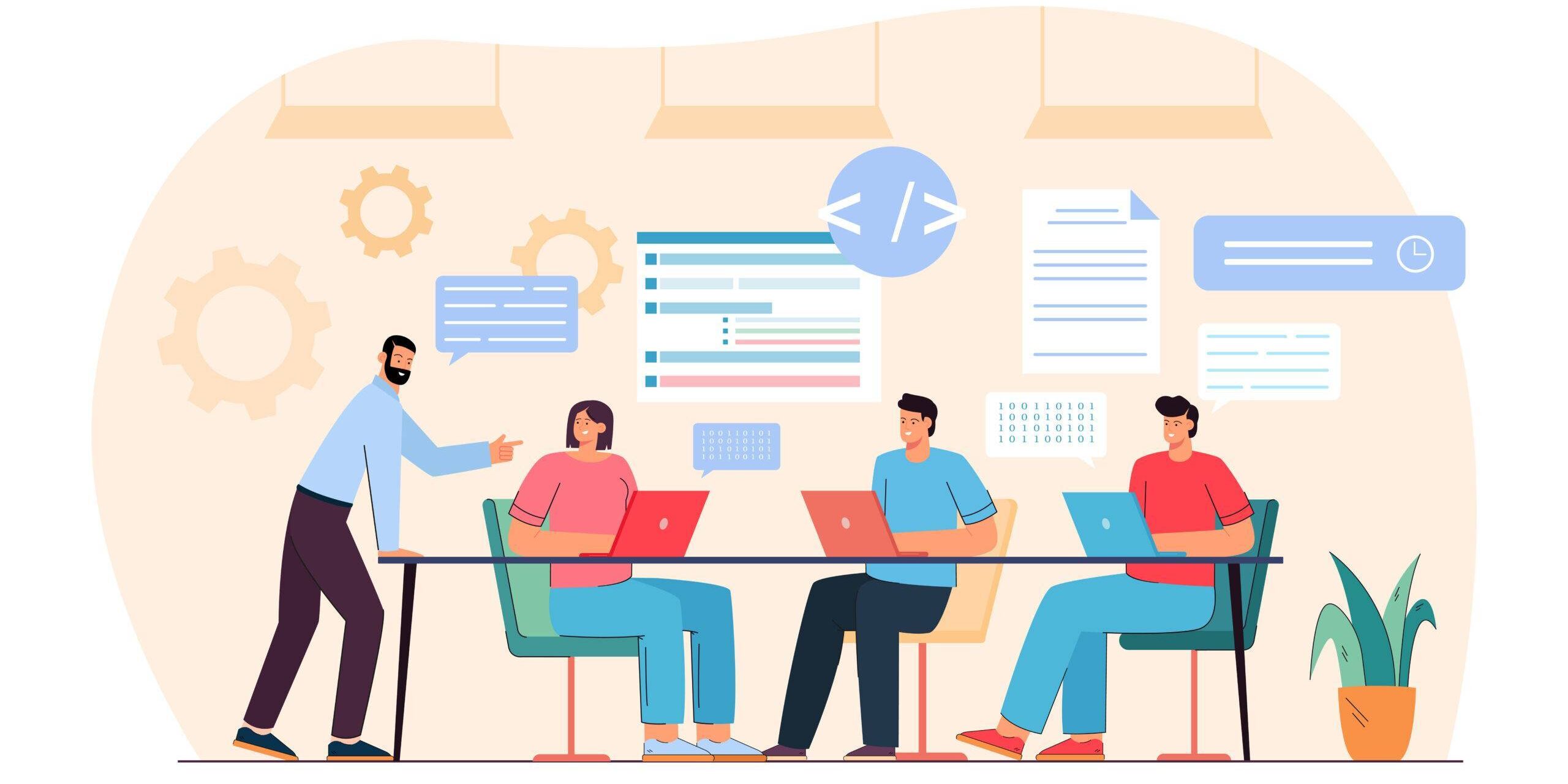 Team of programmers working on program code with laptops Software house: gruppo di lavoro in riunione